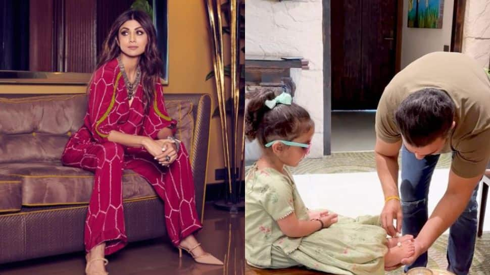 Shilpa Shetty&#039;s husband, Raj Kundra washes daughter Samisha&#039;s feet as part of Kanya Puja rituals-Watch