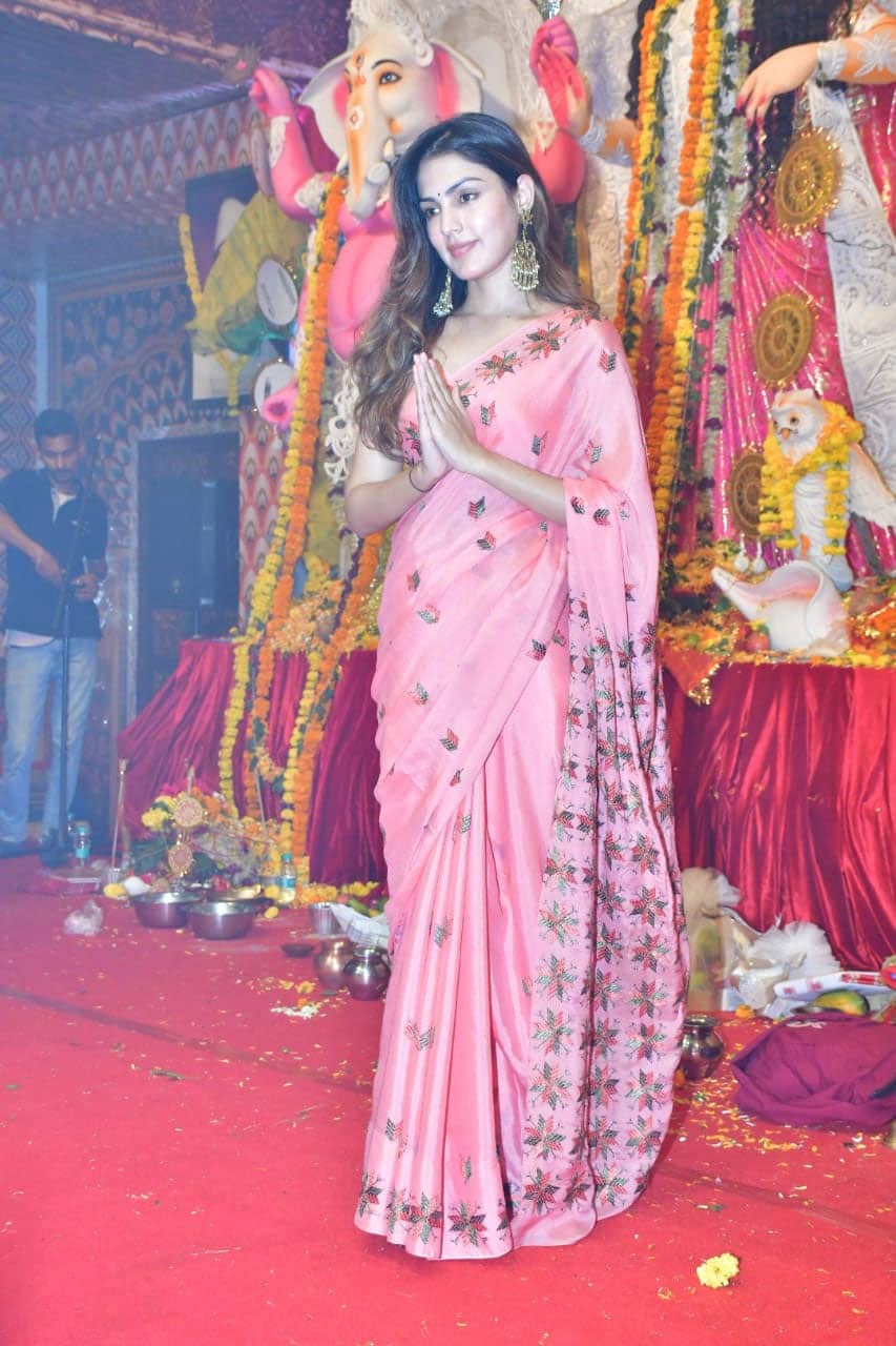 Rhea Chakraborty dons a saree for Durga Puja event