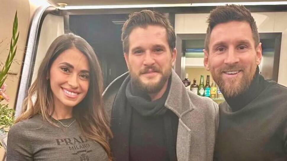 Argentina and PSG footballer Lionel Messi with wife Antonela Roccuzzo and Hollywood star Kit Harrington in Paris. (Source: Twitter)