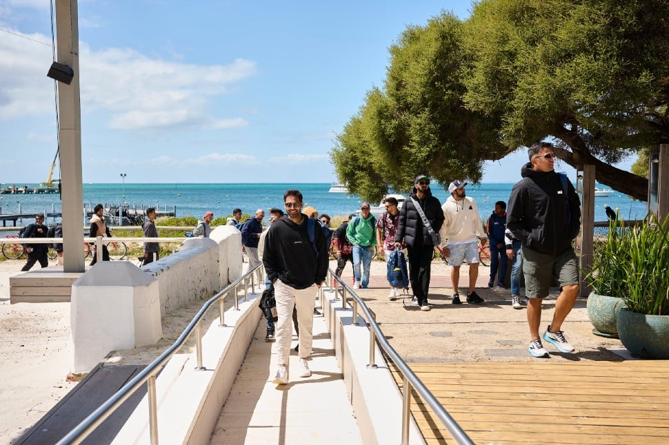 Team India pacer Bhuvneshwar Kumar with coach Rahul Dravid, skipper Rohit Sharma and KL Rahul during their trip to Rottnest Island in Perth. (Source: Twitter)