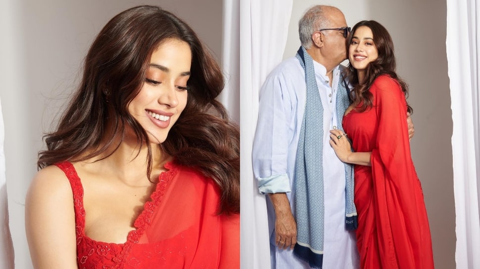 Janhvi Kapoor raises the temperature in SIZZLING red chiffon saree- In Pics  | News | Zee News