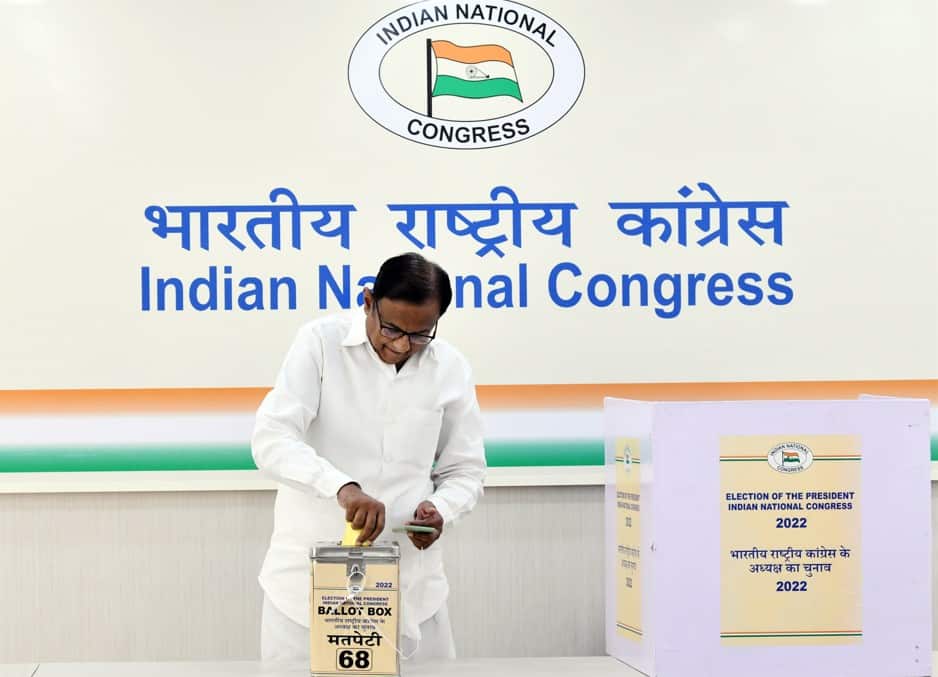 Congress leader P Chidambaram casts his vote for the party's Presidential elections at the party headquarters in New Delhi
