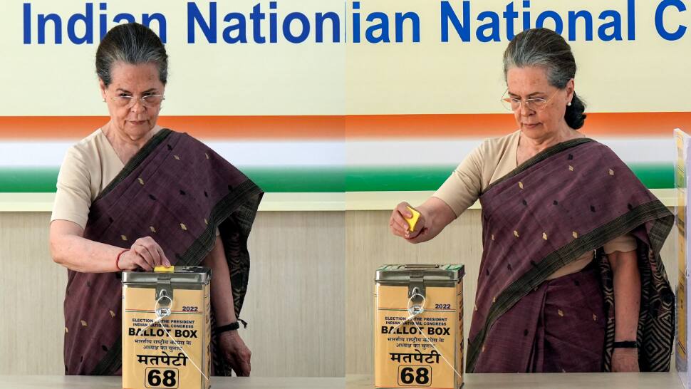 Congress Interim President Sonia Gandhi during the Congress Presidential Election at AICC headquarters in New Delhi