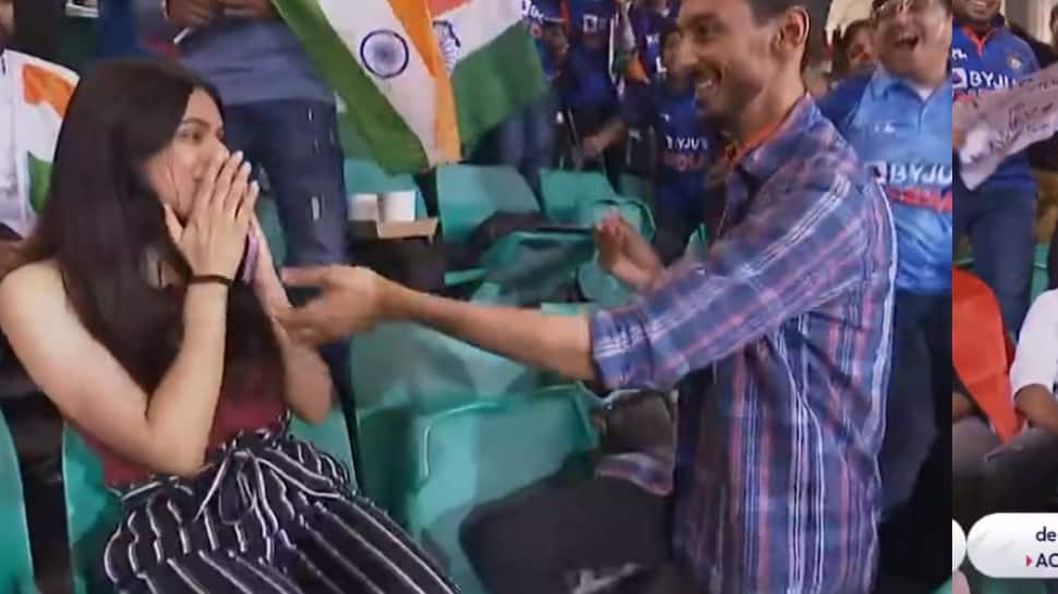 &#039;She said YES&#039;, Marriage proposal during IND vs NED match at SCG as Indian couple go viral - WATCH 