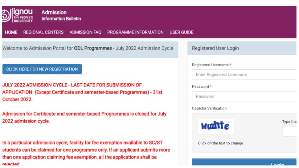 IGNOU July Admission 2022 application date extended till October 31 at ignou.ac.in- Check details here