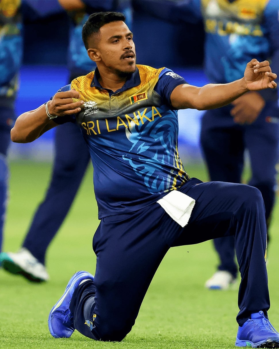 Sri Lanka off-spinner Maheesh Theekshana celebates like an 'archer' after picking up a wicket in the T20 World Cup 2022. (Source: Twitter)
