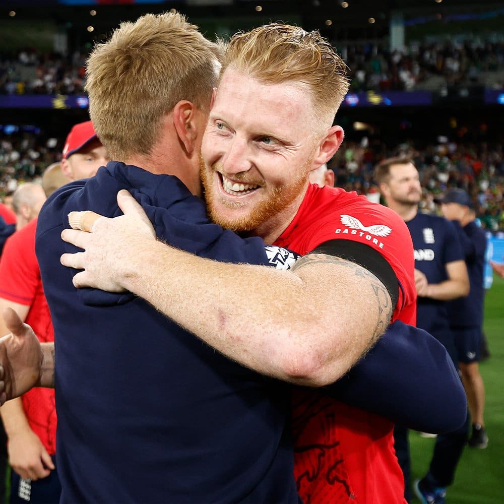 Ben Stokes hugs Eoin Morgan