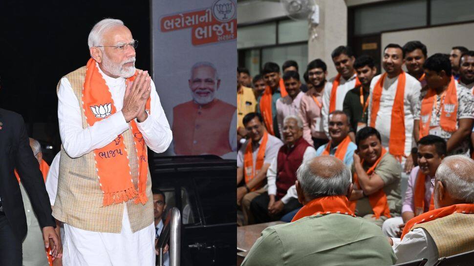 After Gujarat rallies, PM Modi sits down with party workers at BJP headquarters in Gandhinagar for informal meet