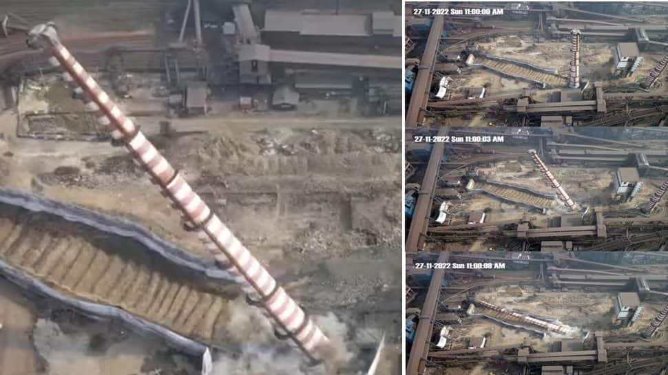 11 SECONDS! Tata Steel demolishes 110-meter tall chimney through controlled explosion; WATCH VIDEO