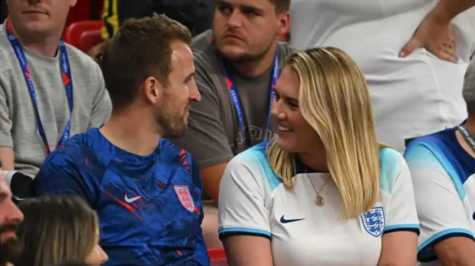 England football team captain Harry Kane with wife Katie Goodland after the FIFA World Cup 2022 game against Wales. England qualified for Round of 16 in FIFA World Cup 2022 with win over Wales. (Source: Twitter)