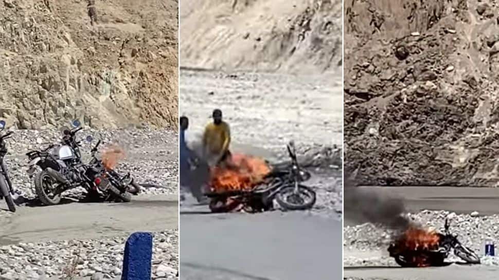 Royal Enfield Classic 350 on Ladakh ride catches fire, video goes viral: WATCH