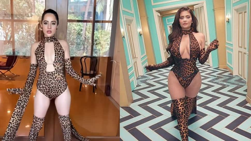 Urfi Javed struts in leopard print bodysuit with cape, recreates Kylie Jenner&#039;s hot avatar - Watch