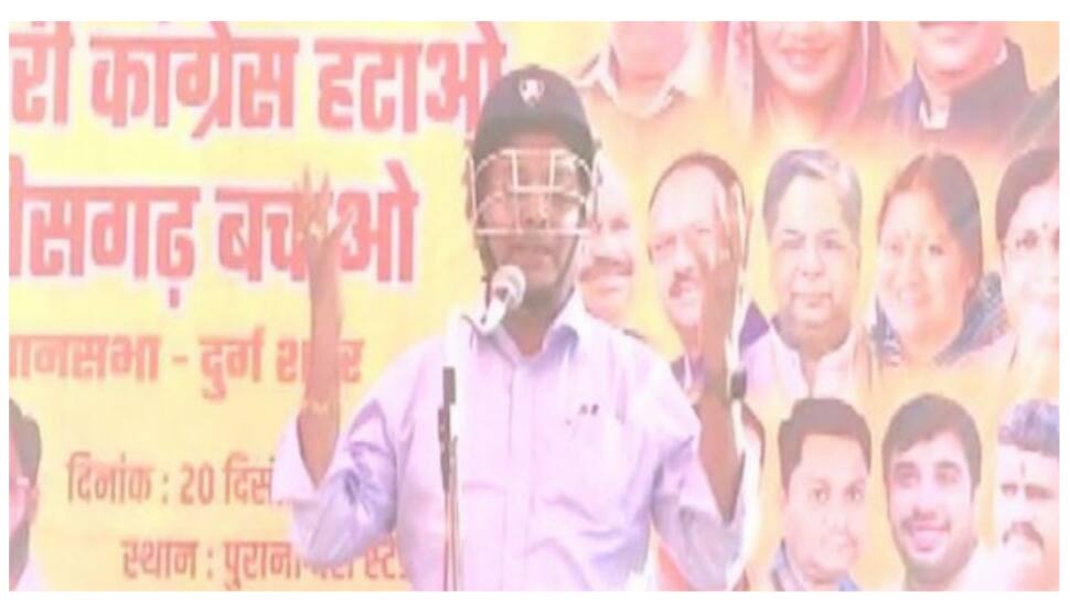 BJP leader Ajay Chandrakar wears cricket helmet to public meeting in Chhattisgarh - HERE&#039;S WHY