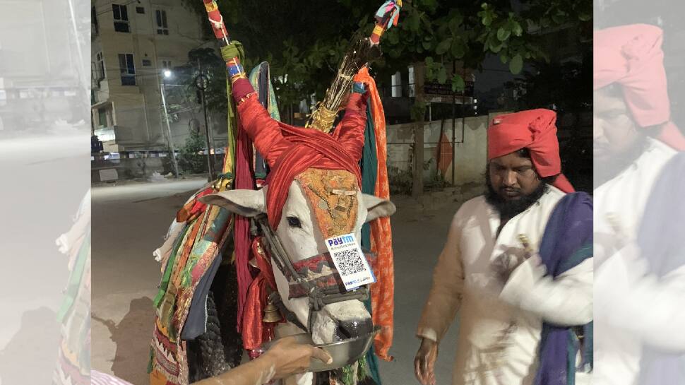 Folk artiste in Hyderabad takes donations by attaching Paytm QR code to his bull’s head.