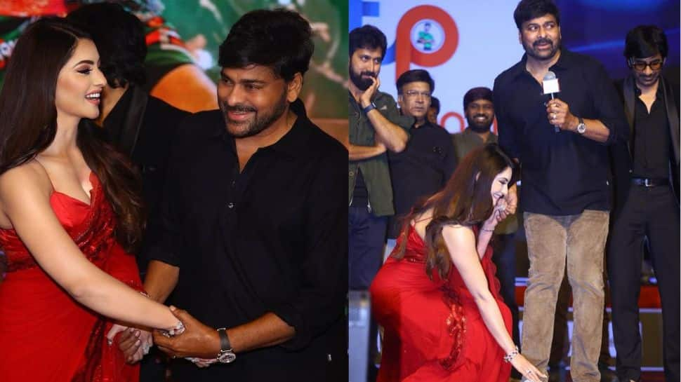 Urvashi Rautela stuns in red saree, touches Chiranjeevi’s feet during ‘Waltair Veerayya’ event, netizens call her ‘Sanskari gurl’- See Pics 