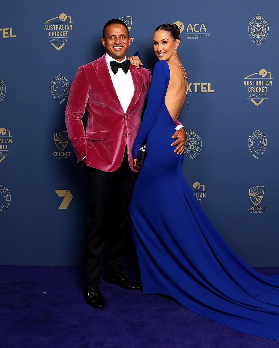 Australian opener Usman Khawaja with his wife Rachel. Khawaja won the Australian Test Player of the Year award. (Source: Twitter)