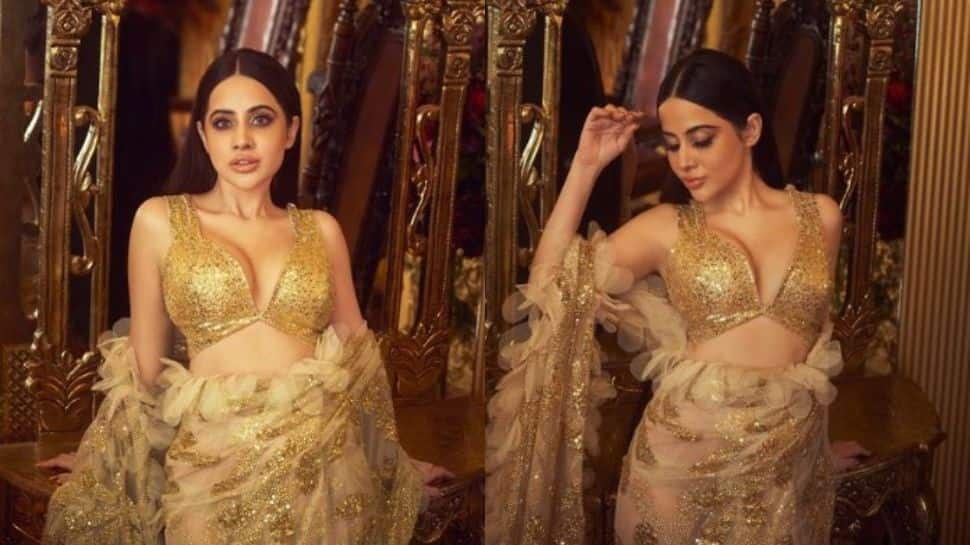 Urfi Javed Breaks Internet in Golden Embroidered Silk Tulle Saree for Abu Jani-Sandeep Khosla- See Pics 