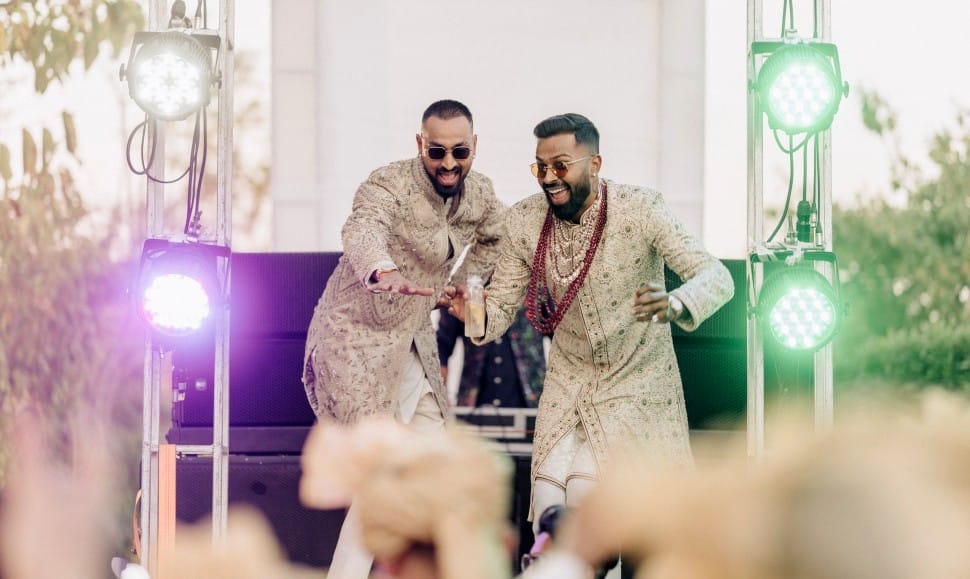 Hardik Pandya dances with his brother Krunal Pandya during his wedding celebrations in Udaipur. Hardik is captain of Gujarat Titans in IPL and Krunal plays for Lucknow Super Giants. (Source: Twitter)