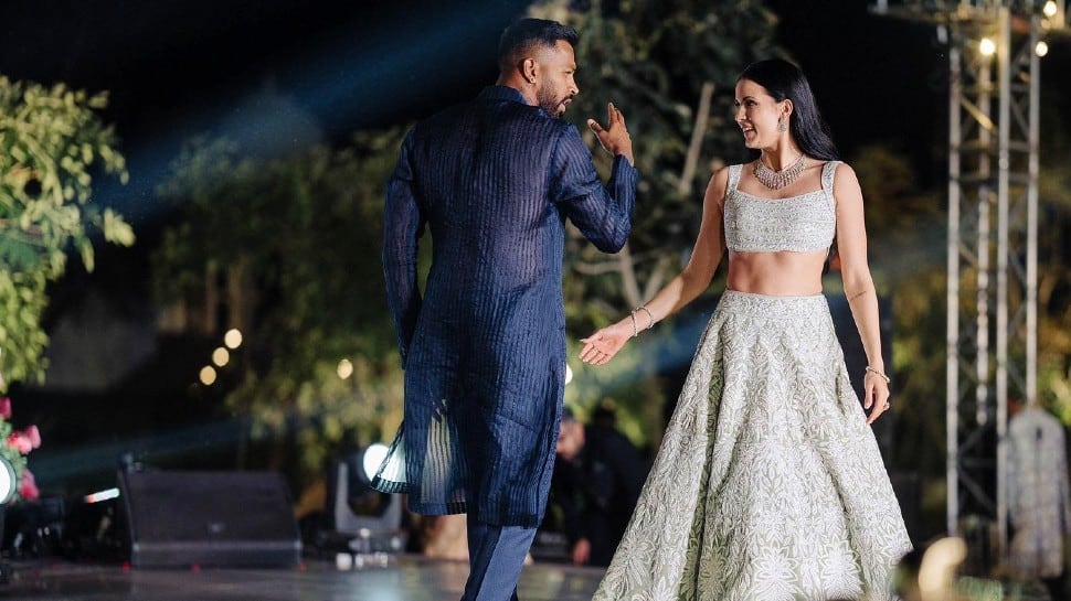 Team India all-rounder Hardik Pandya dancing with wife Natasa Stankovic during their wedding celebration in Udaipur this month. (Source: Twitter)