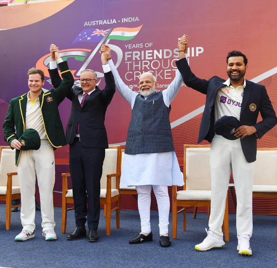 Prime Ministers Narendra Modi and Anthony Albanese with captains Rohit Sharma and Steve Smith ahead of Day 1 of the India vs Australia 4th Test in Ahmedabad. (Photo: ANI)