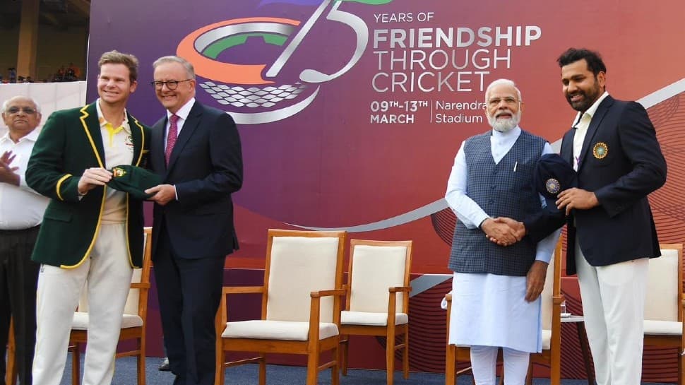 India and Australia Prime Ministers Narendra Modi and Anthony Albanese hand Test caps to skipper Rohit Sharma and Steve Smith ahead of the India vs Australia 4th Test in Ahmedabad on Thursday (March 9). (Photo: ANI)