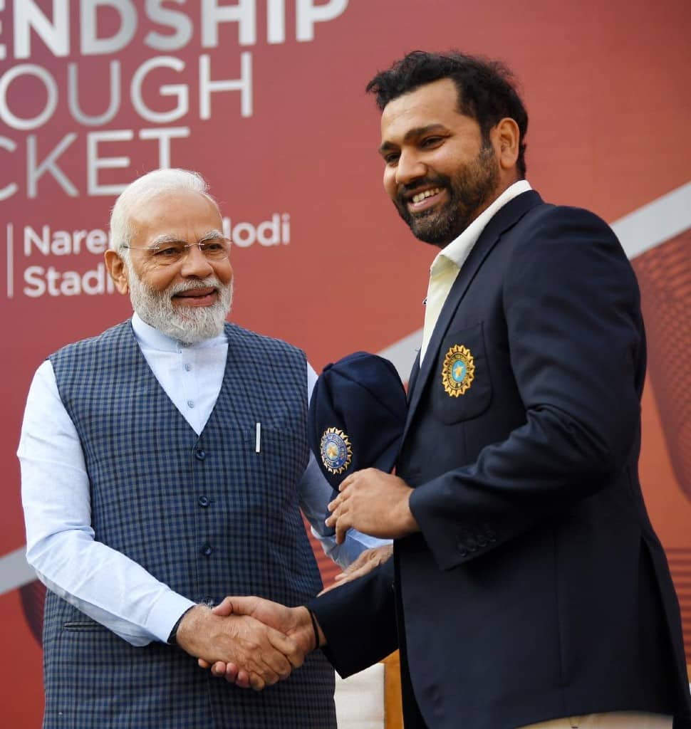PM Narendra Modi greets Indian skipper Rohit Sharma and presents him his Test cap on Day 1 of the 4th Test between India and Australia in Ahmedabad. (Photo: ANI)