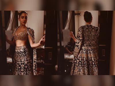 green emerald velvet dress Sara Ali Khan in Abhinav Mishra