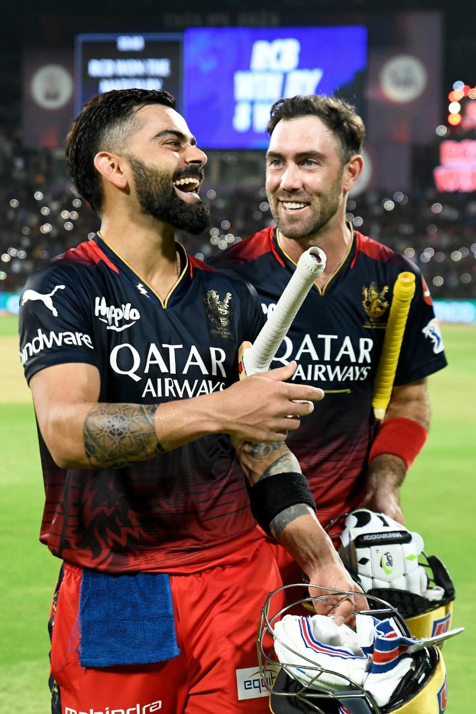 RCB all-rounder Glenn Maxwell (right) came in after Dinesh Karthik was dismissed for a duck and finished the game off with a couple of sixes in his first three balls to notch up an eight-wicket win over Mumbai Indians. (Source: Twitter)