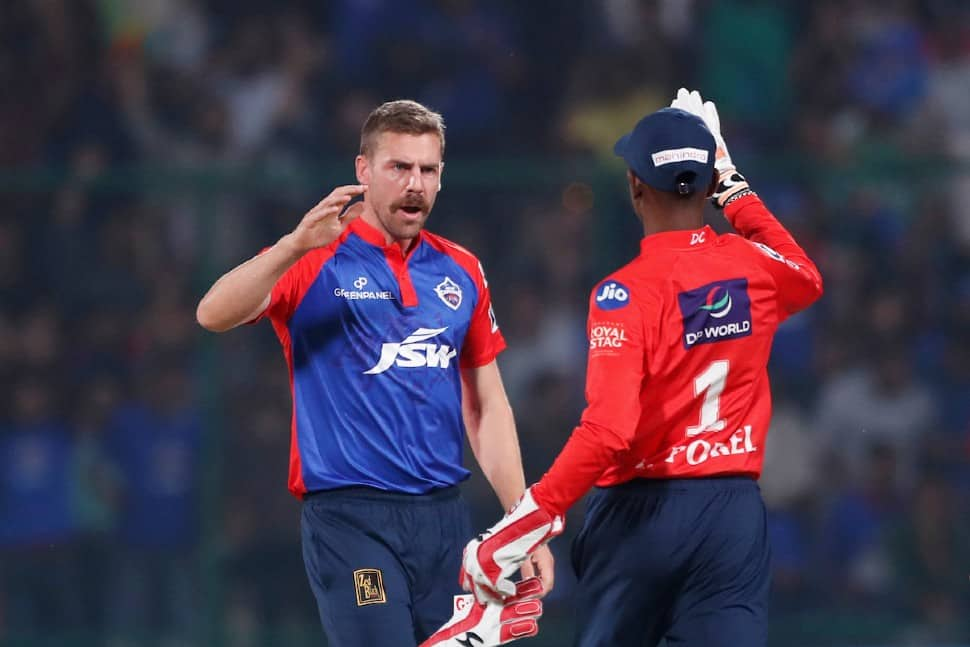 Delhi Capitals pacer Anrich Nortje struck a couple of early blows to dismiss Gujarat Titans opener Wriddhiman Saha and Shubman Gill early. (Source: Twitter)