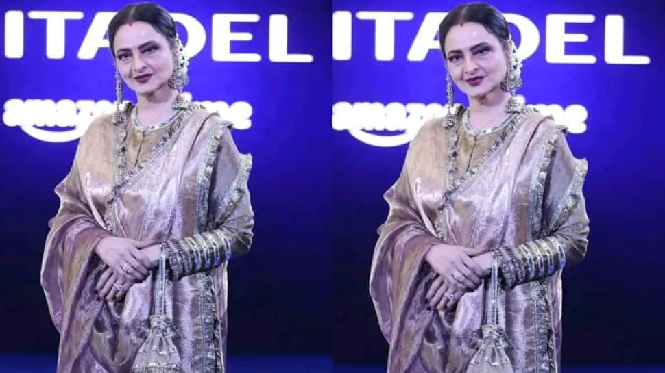 Rekha arrived in golden saree