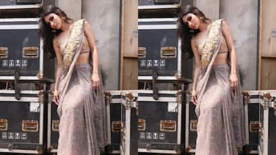 Mouni Roy stuns in grey saree with golden embroidery