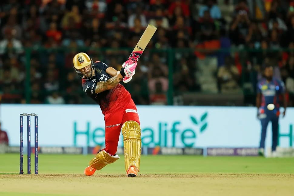 Royal Challengers Bangalore (RCB) captain Faf du Plessis hit a 115m against Lucknow Super Giants in an IPL 2023 match on Monday. (Photo: BCCI/IPL)