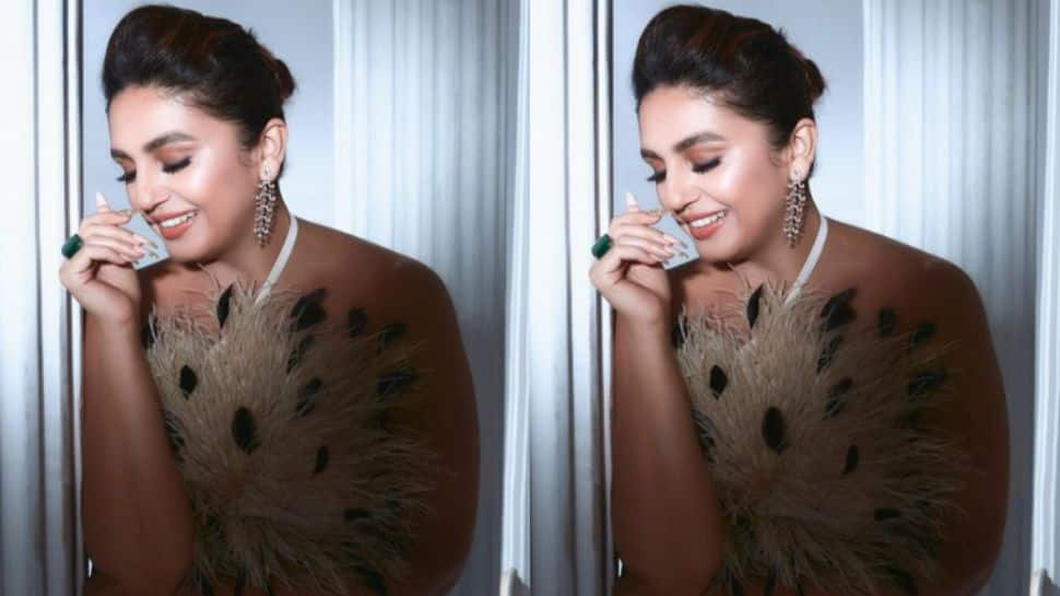 Huma Qureshi in halter strap feathered dress