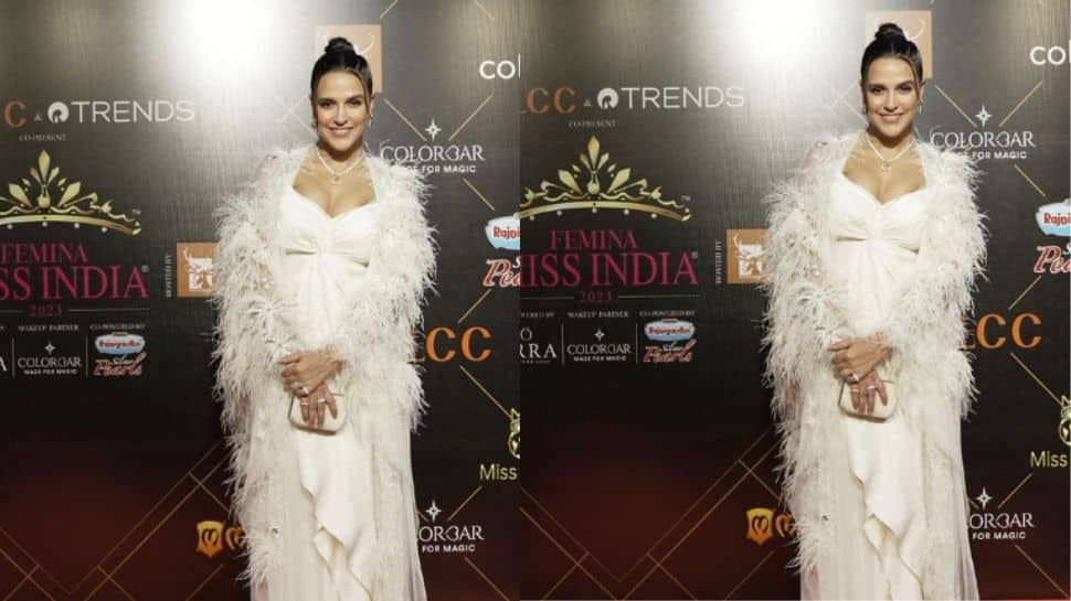 Neha Dhupia opted for a white plunging neckline gown