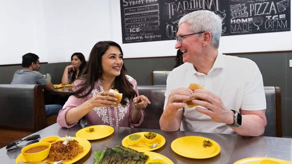 Tim Cook Relishing His First 'Vada Pav' With Madhuri Dixit