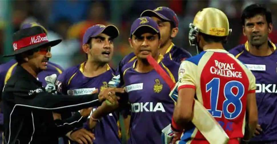 RCB batter Virat Kohli and then KKR captain Gautam Gambhir faced off in a fight for the first time back in IPL 2013. Kohli replied back to KKR fielders after being dismissed for 35 and there was a furious war of words with KKR skipper Gambhir with all-rounder and their Delhi teammate Rajat Bhatia breaking up the fight. Both Kohli and Gambhir were fined 10 per cent of their match fees. (Source: Twitter)