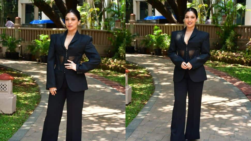 Bhumi stunned in a black pantsuit with a plunging neckline
