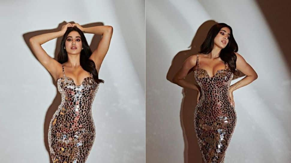 Janhvi in golden mirro-work bodycon gown