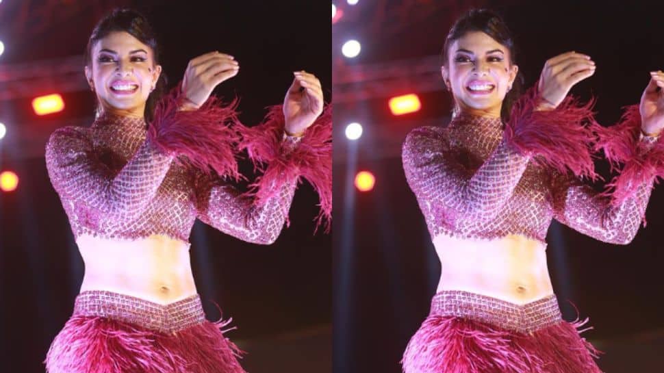 Jacqueline Fernandez sizzles in purple embellished crop top and skirt