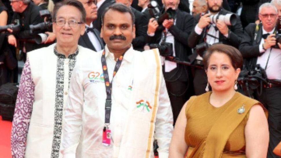 Union Minister L Murugan Poses With &#039;The Elephant Whisperers&#039; Producer Guneet Monga At Cannes Red Carpet