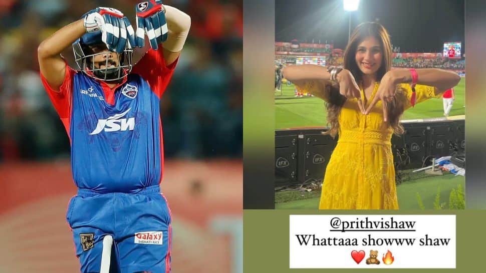 Delhi Capitals opener Prithvi Shaw with his cryptic celebration after scoring fifty in Dharamsala, replicated by 'rumoured' girlfriend Nidhhi Tapadia in her Instagram post (right). (Photo: BCCI/IPL, Instagram)