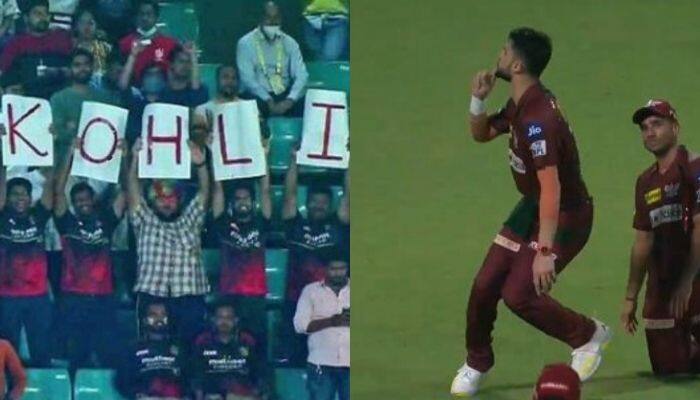 Watch: Roaring Echoes of &#039;Kohli, Kohli&#039; Resound During Naveen-Ul-Haq&#039;s Bowling, LSG Pacer Recreates Gambhir&#039;s &#039;Shush Down&#039; Sign