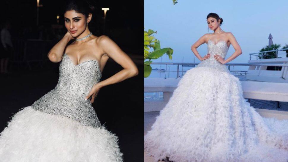 Mouni Roy sizzles in silver and white feathered gown