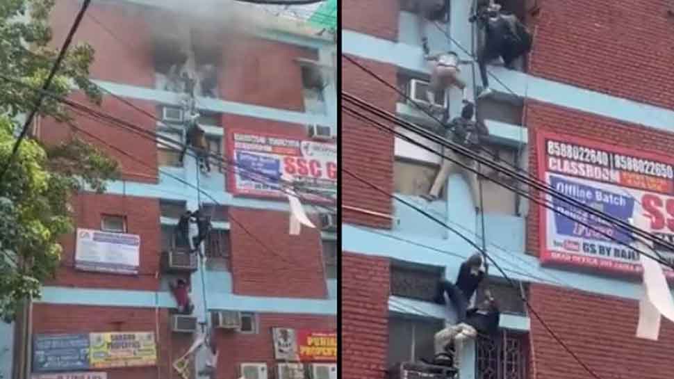 WATCH: Students Use Wires To Escape After Fire Breaks Out At Building In Delhi&#039;s Mukherjee Nagar