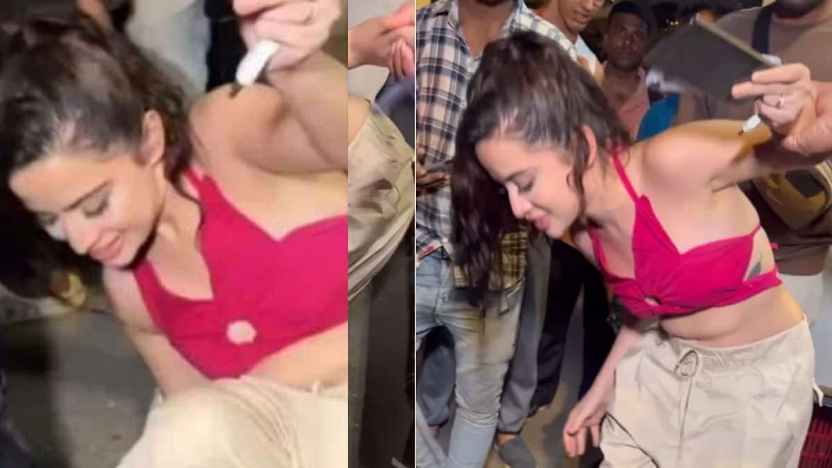 Urfi Javed Trips On High Heels, Falls Down While Clicking Selfie With Fan Wearing Bralette And Wide-legged Pants - Viral Video
