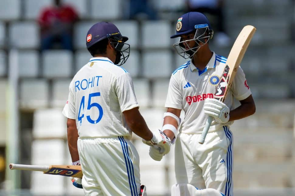 Yashasvi Jaiswal and Rohit Sharma put on the highest-opening partnership of 229 for India against West Indies in Tests. The duo went past Virender Sehwag and Sanjay Bangar’s stand of 201 in Mumbai (WS) in 2002. (Photo: AP)