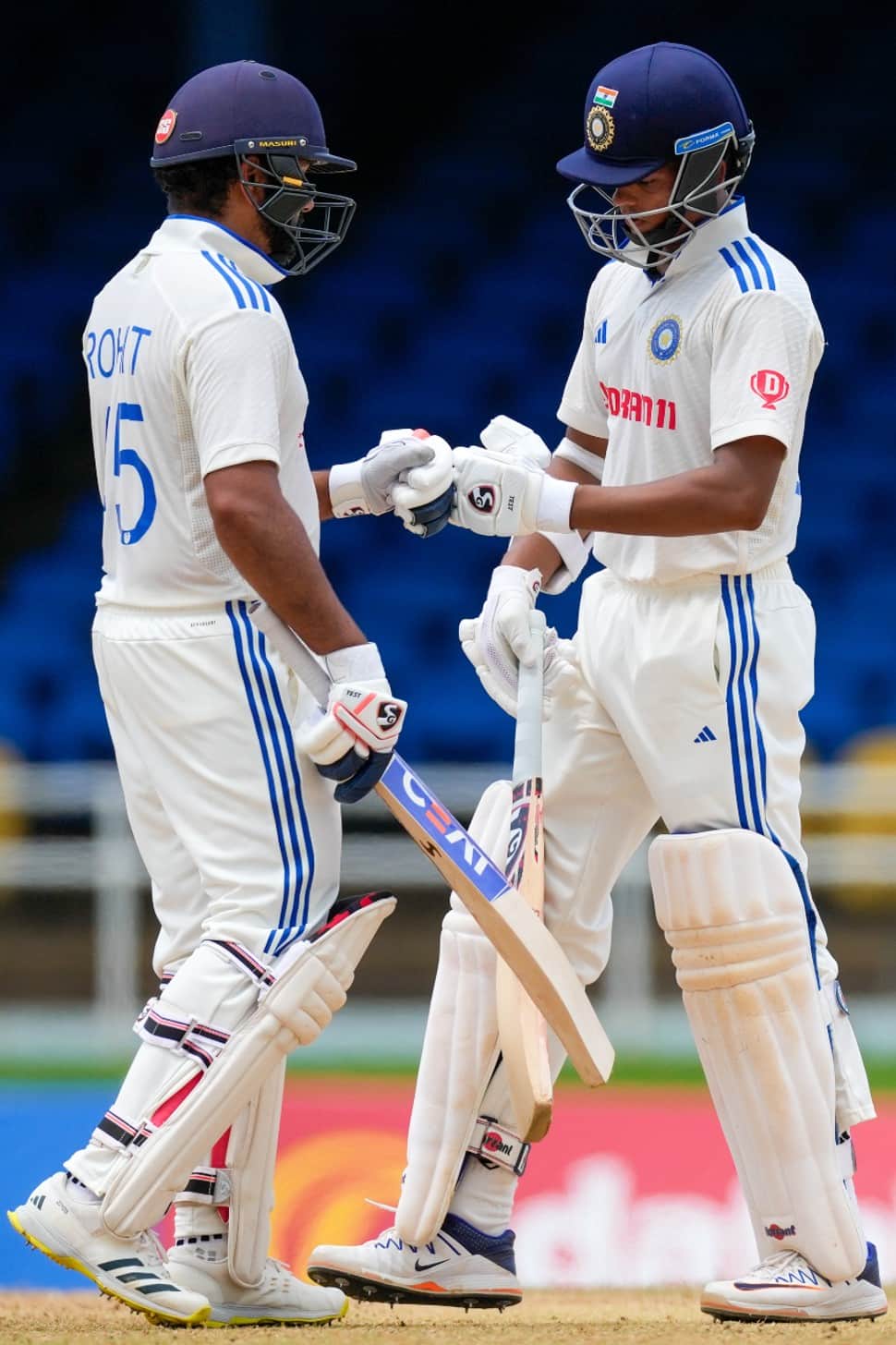 Rohit Sharma and Yashasvi Jaiswal ended up with 466 runs in the two-match Test series against West Indies. These are the most runs by an Indian opening pair in an away Test series, breaking the record of Virender Sehwag and Aakash Chopra, who scored 459 runs vs Australia in 2003-04 series. (Photo: AP)