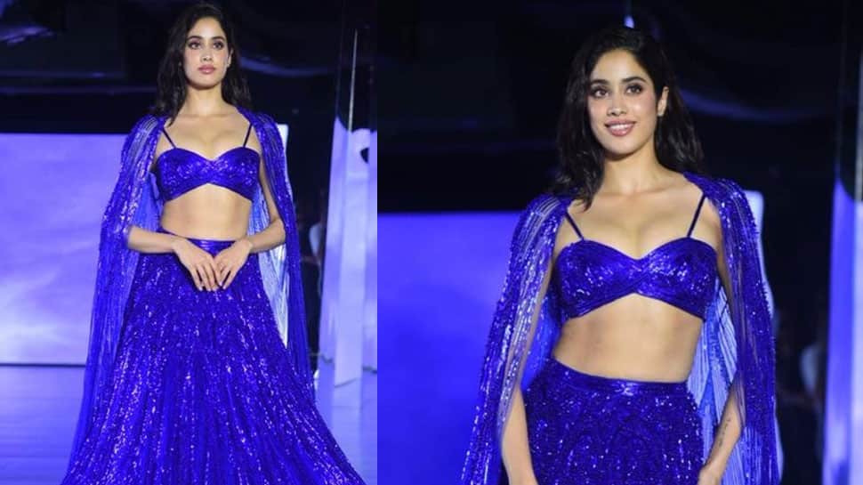 Janhvi Kapoor&#039;s Sizzling Ramp Walk In Electric Blue Bralette-Lehenga With Dramatic Cape - Watch