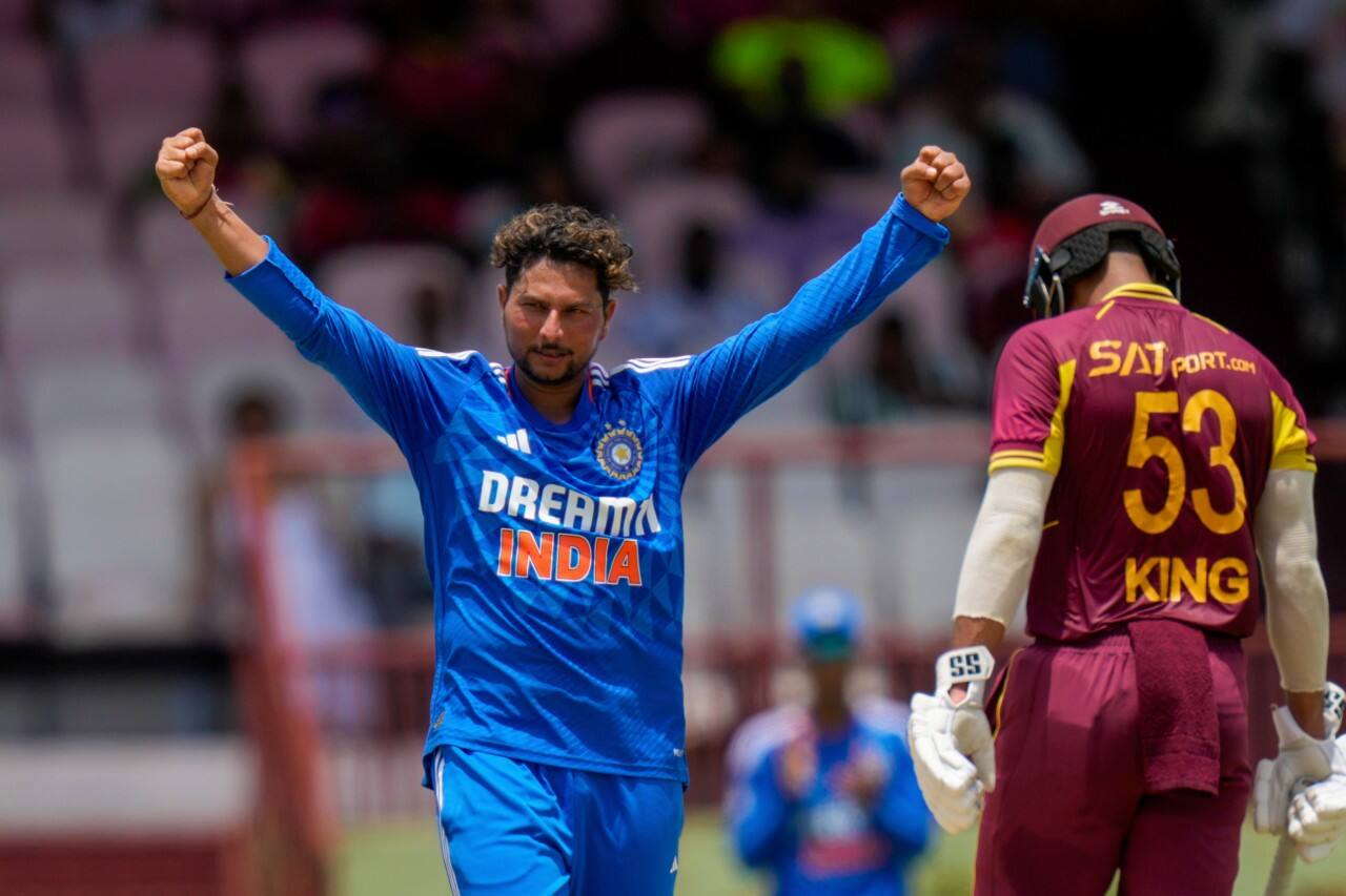 Team India spinner Kuldeep Yadav completed 50 wickets in T20Is, becoming the seventh India bowler to achieve this feat. He completed 50 wickets in 30 matches, the least number of matches taken by an Indian to complete 50 T20I wickets. Yuzvendra Chahal is next in the list having achieved the feat in 34 matches. (Photo: AP)