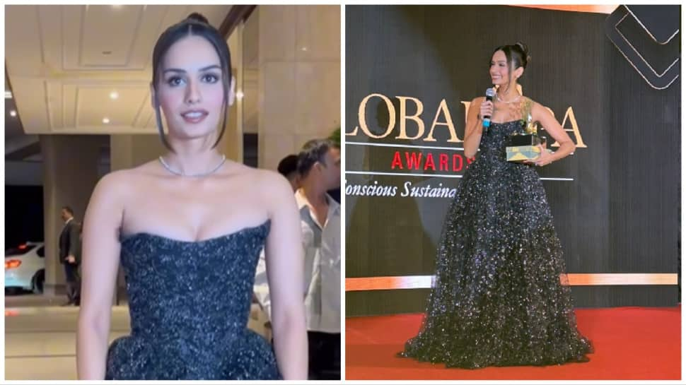 Manushi Chhillar Oozes Princess Vibes In Strapless Sequin Black Gown At GlobalSpa Awards 2023  - WATCH